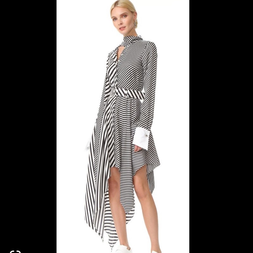 Monse Asymmetic Striped Silk Twill MIDI Dress White / Black WITH belt